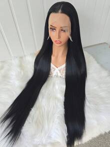 女士优雅直发合成假发，13x4 蕾丝前部带玫瑰网眼，无胶耐热纤维，透明蕾丝，高温纤维，150% 密度，多种直发造型 - 黑色 - 查看 8