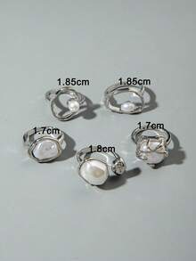 imoli 5pcs/Set Minimalist Chic Alloy Geometric Faux Pearl Inlaid Unique Design Women Jewelry Ring Set, Suitable For All Seasons Wear, Dating, Party, Gift - Multicolor - View 8