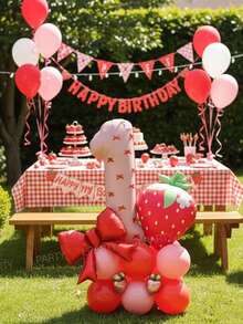 29件套草莓主题生日派对气球装饰套装，包含32英寸粉色数字0-9生日派对装饰气球、红色蝴蝶结装饰铝箔气球、草莓形状铝箔气球、5英寸粉色心形铝箔气球、10英寸红粉相间乳胶气球，适用于一周岁生日、周年纪念、洗礼庆典、春季派对、户外派对、水果主题生日派对装饰。 - 29件 - 查看 5