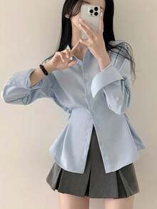 Camisa de mujer Camisa elegante y refinada de estilo coreano que estiliza la cintura, novedad de primavera. Camisa versátil de manga larga y corte holgado con botones. Camisa de manga larga, corte holgado y color liso que estiliza la cintura. Informal. - Azul - Ver 8