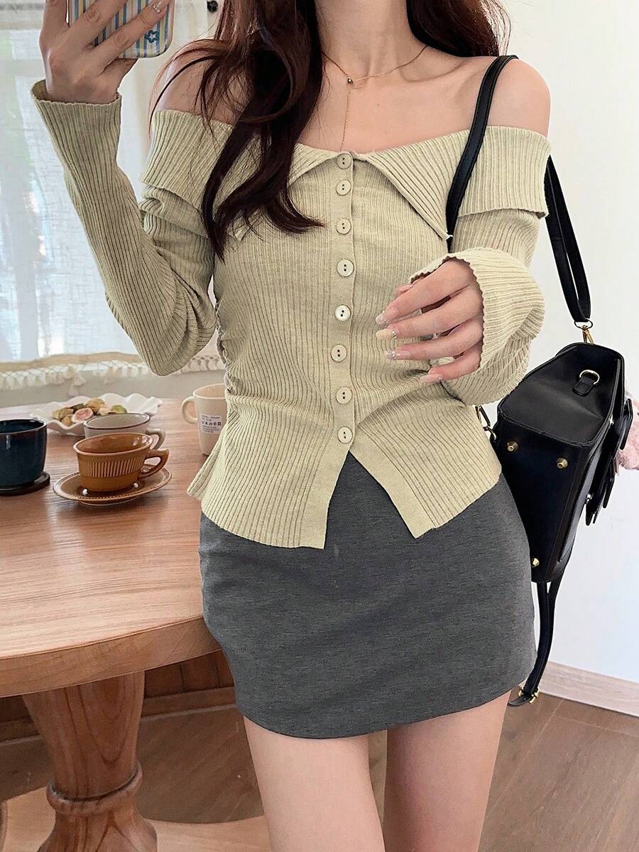 Fashionable Off Shoulder Knit Sweater, Long Sleeve, Slim Fit, Cropped Top, Autumn - Oatmeal - View 1