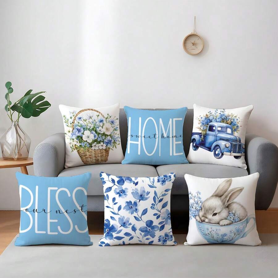 Bộ 6 vỏ gối trang trí tối giản họa tiết xe tải và thỏ dễ thương màu xanh dương, in một mặt trên chất liệu nhung hồng đào, kích thước 45*45/50*50/40*40CM, thích hợp cho ghế sofa vải hiện đại, trang trí nội thất, trang trí tiệc, làm quà tặng.