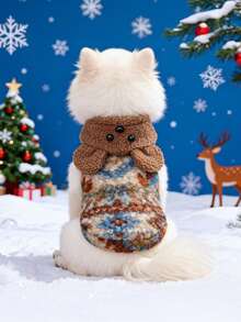 Pet Exclusive Bear Head Patchwork Vest, Contrast Fluffy Texture + 3D Bear Face Design, Warm Fleece For Small Dogs & Cats, Suitable For Winter Holiday Wear - Brown - View 11