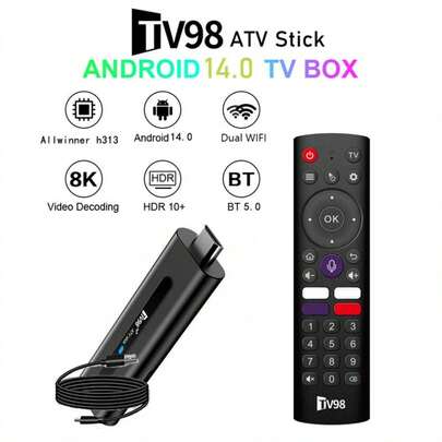 TV98 Stick ATV, Sistema Android 14, Procesador Quad-Core H313, Soporta Video 8K, WiFi 2.4G/5G, Bluetooth 5.0, Control de Voz, Caja de TV Inteligente, Reproductor HD, Comparable a M98 Y10, Accesorio de Moda, Dispositivo de Alto Rendimiento (2+16GB)