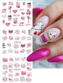 12 Designs/Sheet Cartoon Pink Heart Nail Stickers Valentine's Day Design Pink Red Gradient Hollow Sweet Love Heart Lock Cloud English Letter Lips Dessert Coffee Water Transfer Slider DIY Date Wedding Holiday Romantic Fashion Salon Manicure Decoration Nail Supplies For Women And Girls Gift