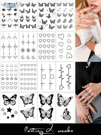 20 PIEZAS de pegatinas de tatuaje de dedos de jugo de hierbas semi-permanente - Pegatinas de tatuaje mágico que se pueden despegar para tatuajes minimalistas. Incluye: textura fresca de mariposas, corazones, estrellas, sol y luna, símbolos emocionales, frases cortas. No se desvanece ni se refleja durante 7-14 días. Adecuado para la clavícula, el brazo, la muñeca, el hombro, la espalda y el Body. Tatuaje semi-permanente, impermeable, sin reflejo. Tatuaje falso.