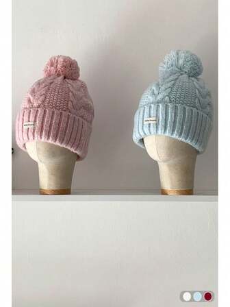 Cute & Warm Knitted Beanie Hat For Women, Thick Autumn/Winter Ear Protection, Adorable Cable Knit Pompom Hat