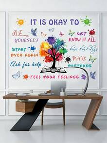 【创意表达】彩色励志语录墙贴 - 巧妙的树形设计，包含积极肯定语、西班牙语文字，可移除自粘PVC材质，适用于教室、家居或办公室装饰，哑光表面，可重复使用，励志艺术，家居装饰贴纸 | 充满活力的树形设计 | PVC墙贴，励志墙贴 - 彩色 - 查看 2