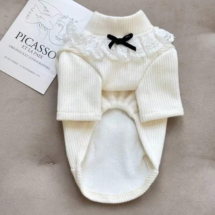 Autumn/Winter Pet High Elastic Knitted Sweater, Small Dog Lace Collar Knitwear, Cat & Dog Two-Leg Clothes, Gentle Warm Sweater, Pet White Knitted Sweater, Teddy/Poodle Small Dog Autumn/Winter Warm Clothes, Bow Lace Trim Base Shirt - Apricot - View 1