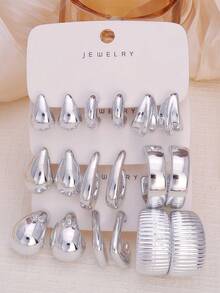 1–9 Pairs Silver Hoop & Drop Earrings Set, ABS Resin, Lightweight & Comfortable, Minimal, For Daily Wear - Silver - View 3