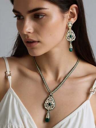 1 Set Elegant & Fashionable Saharan Algerian Women Traditional Jewelry Set, Earrings & Necklace, Moroccan Wedding Party Jewelry, Teardrop Pendant, Hollow Floral Pattern,