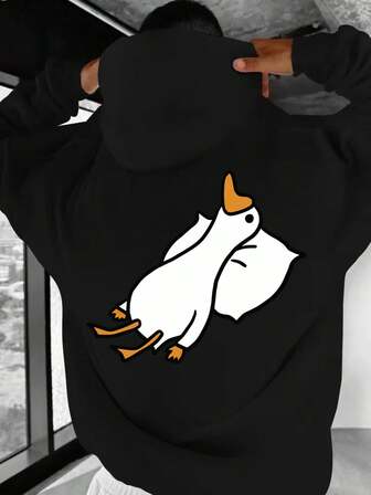 1pc Unisex Plus Size Hoodie With Cute Duck Print, Thermal Lined, Warm For Autumn/Winter, Suitable For Casual & Outdoor Wear