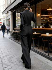 Bộ jumpsuit dài tay cổ bẻ màu đen trơn dành cho nữ, thiết thực và thoải mái [Không có cạp chun, cạp chun chỉ để trang trí], thanh lịch cho mùa xuân/hè/thu. - màu đen - Xem 3