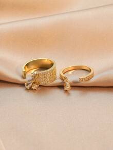 rakol 2pcs/Set Fashionable Cube & Waterdrop Shaped Embellished Women's Rings - Yellow Gold - View 5