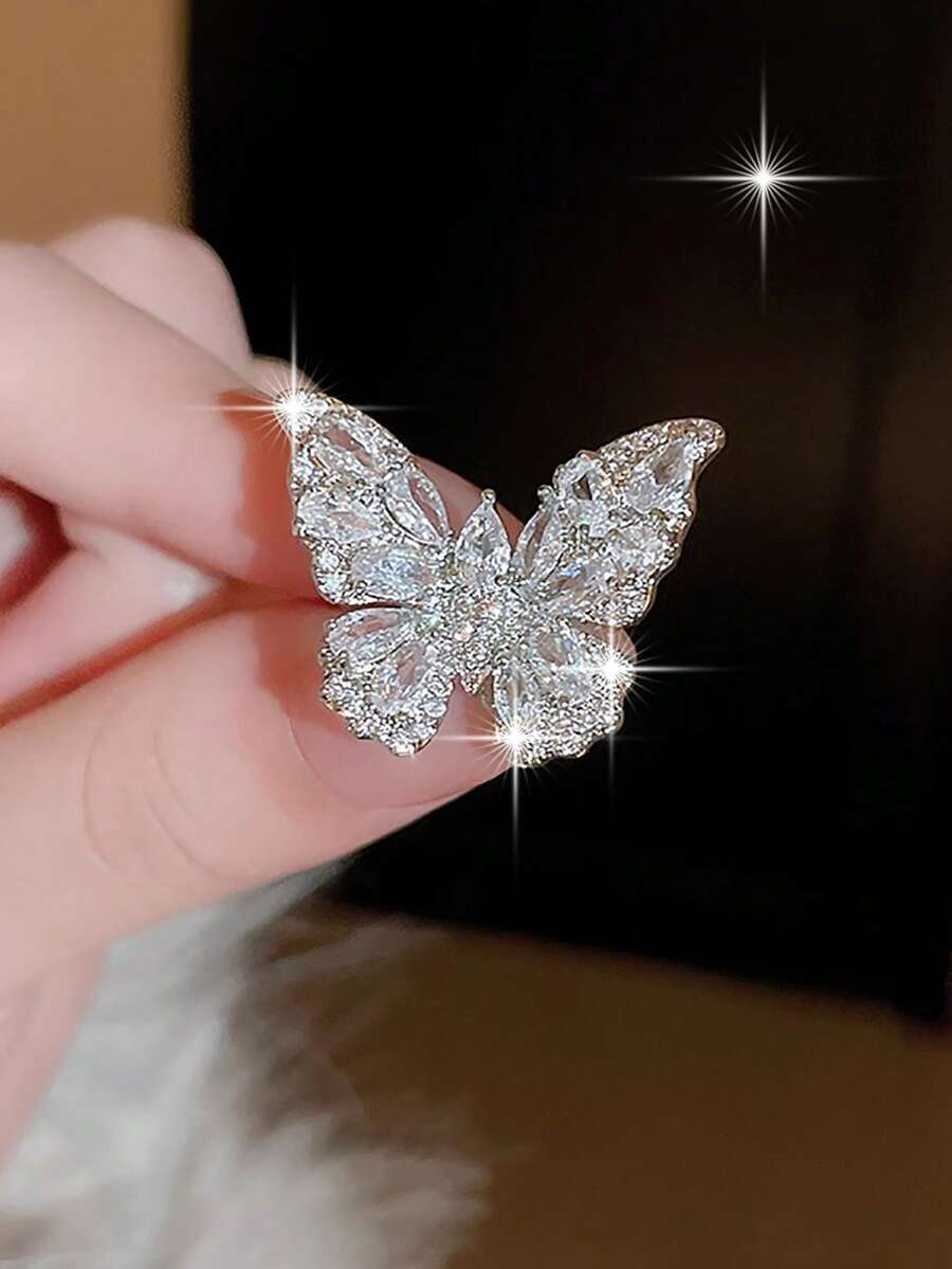 1pc Funky Butterfly Shape Full Inlay CZ Single Rings Versatile Shining Cubic Zirconia Women Ring Suitable For Daily Commute Festival Gift Copper Jewelry - Butterfly - View 1