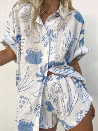Ny vår/sommar semesterstil havstryck damblus med kort ärm och v-ringning + tryckta shorts i midjan, 2-delat set, semester- och avslappnad känsla