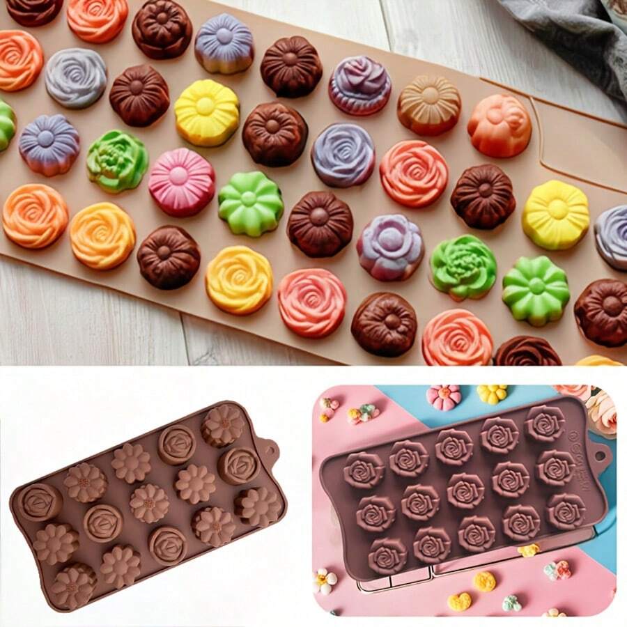 2pcs Silicone Flower Molds, Non-Stick Flower Chocolate Candy Molds, DIY Baking Molds, Suitable For Making Chocolate, Shaped Soap, Jelly, Cake, Pudding - Multicolor - View 1