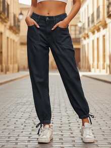 Women's Wide Leg Jeans Fashionable Casual Pleated Denim Joggers Pants With Pockets - 藍色 - 查看 2
