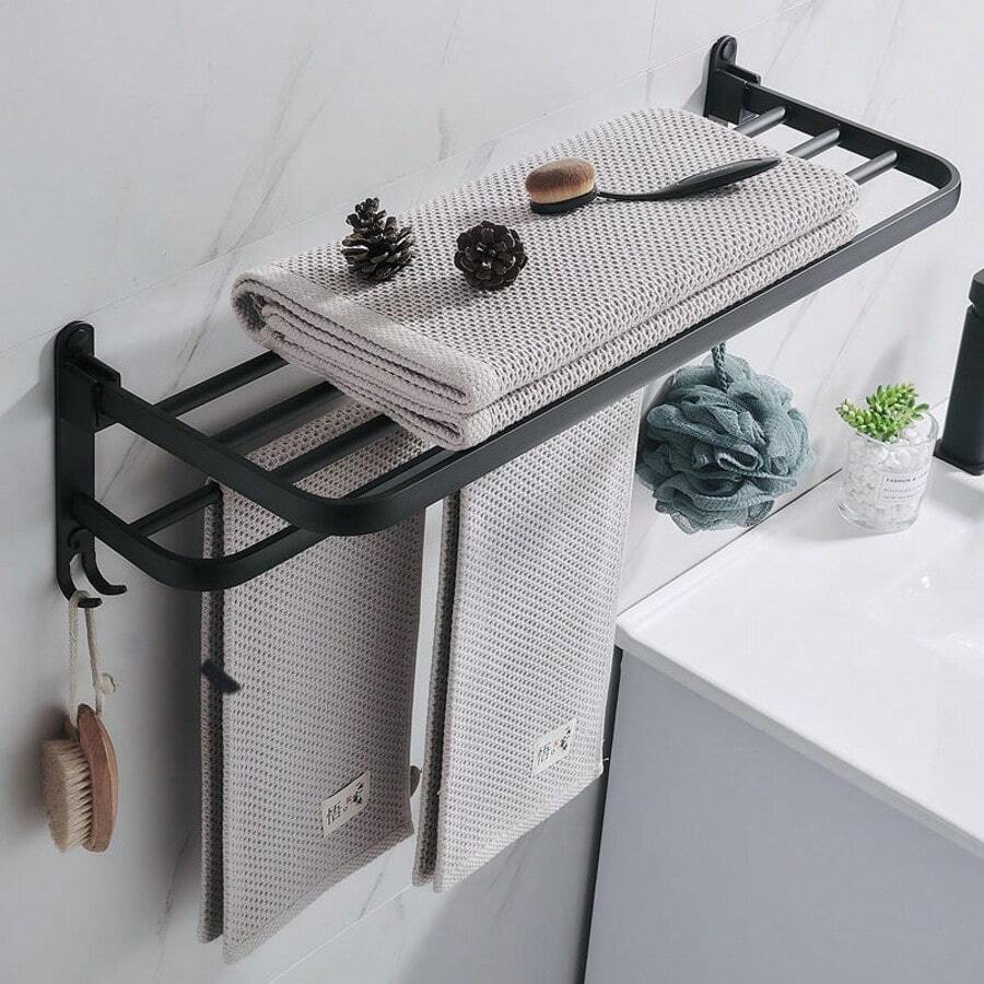 23.6 Inch Black Towel Rack, Suitable For Bathroom Towel Rack, With Double Bars, Wall Mounted Holder For Washroom, With Hooks, Stainless Steel Hotel Bathroom Rack (15/19/23.6 Inch) - Black - View 1