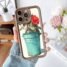 Cubierta de telefono con borde negro para iPhone 14 Pro Max con estampado de cubo turquesa con rosa roja y hojas verdes ideal para uso diario y estilo elegante - Café integral - Ver 2