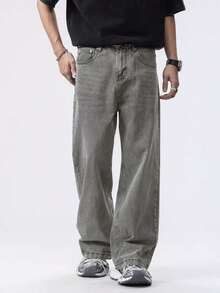 Comfortable Men's Extra Long Wide Leg Jeans Denim Non-Stretch Loose Fit With Pockets - than chì - Xem 4