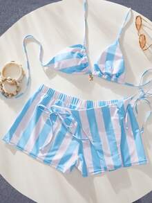 3pcs Women Swimsuit Bikini Set, Retro Light Blue & White Striped Beach Shorts/Cover Up/Holiday Outfit - Blue and White - View 6