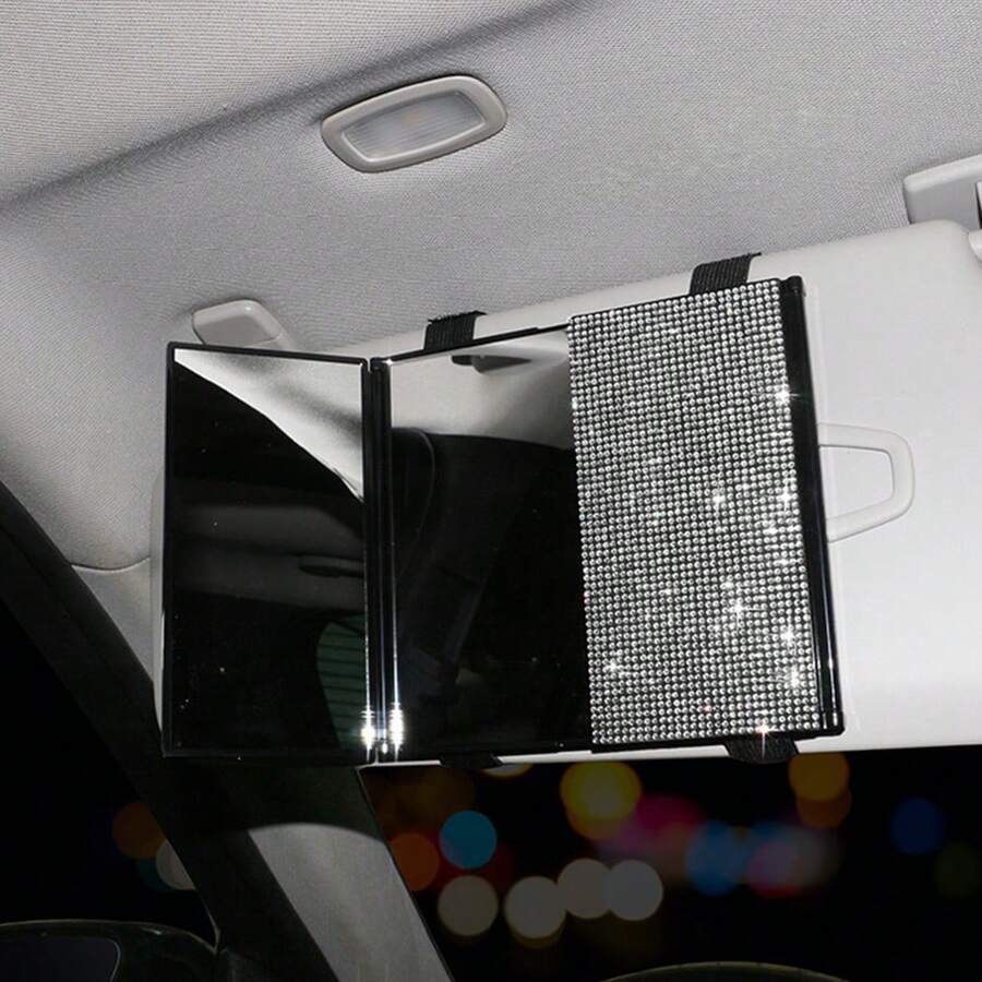 1个车载化妆镜，闪亮水钻装饰，可折叠超薄化妆镜，遮阳板装饰，时尚模特车载化妆镜，送给女孩的最佳礼物