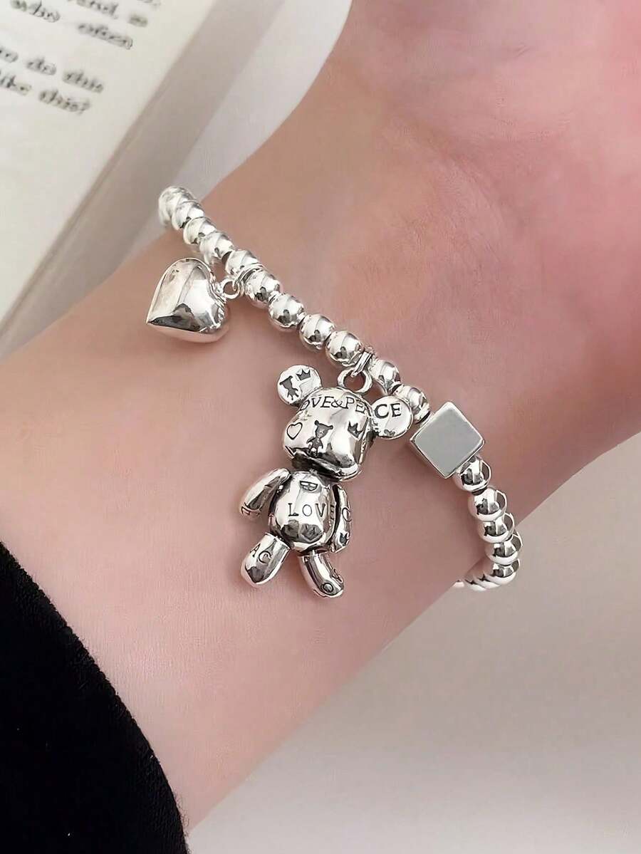 1pc Elastic Rope Teddy Bear & Heart Shaped Couple Bracelet, Suitable For Women's Daily Wear And Christmas Gift Valentines - Silver - View 1