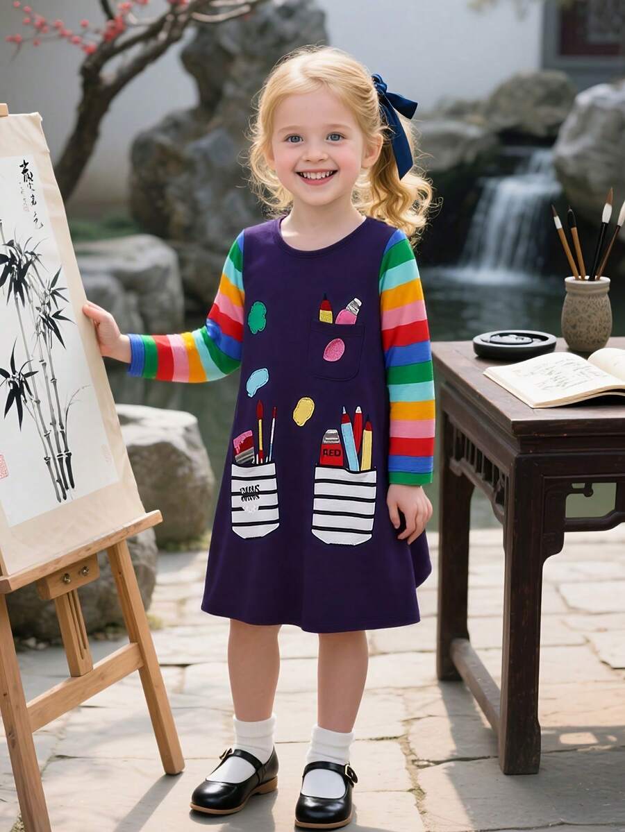 Girls' Rainbow Stripe Dress With Pencil Case Pattern, Casual Round Neck And Pocket Design