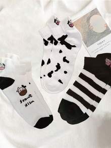 5 pares/10 pares (estilo aleatorio) Calcetines cortos de mujer con estampado de vaca en blanco y negro, estilo japonés lindo para primavera/verano