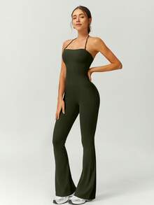 NcmRyu 1pc Women's Elastic Sports Racerback Waist Lifting Shaping Sexy Casual Jumpsuit - Olive Green - View 8