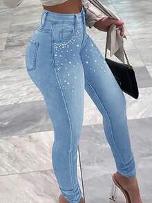 Ladies' Sexy Waist Hit Tight Jeans, Paired With Pearl Decorations, Suitable For All Seasons, Suitable For Daily Outings, Dates, Birthday Parties, Bars, Banquets,Suitable For All Seasons, Christmas Outfit Women,Thanksgiving Outfit Women,Streetwear Women, Christmas Gift - 淺色水洗藍 - 查看 4