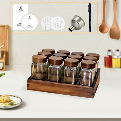 SAEIV Vierkante kruidenpotjes met acaciahouten standaard (FCM®) – Set van 12 kruidenpotjes (120 ml per stuk), inclusief diverse etiketten, kunnen rechtop worden gezet en zijn geschikt voor lades – Kruidenrek voor lades en kruidenpotjes
