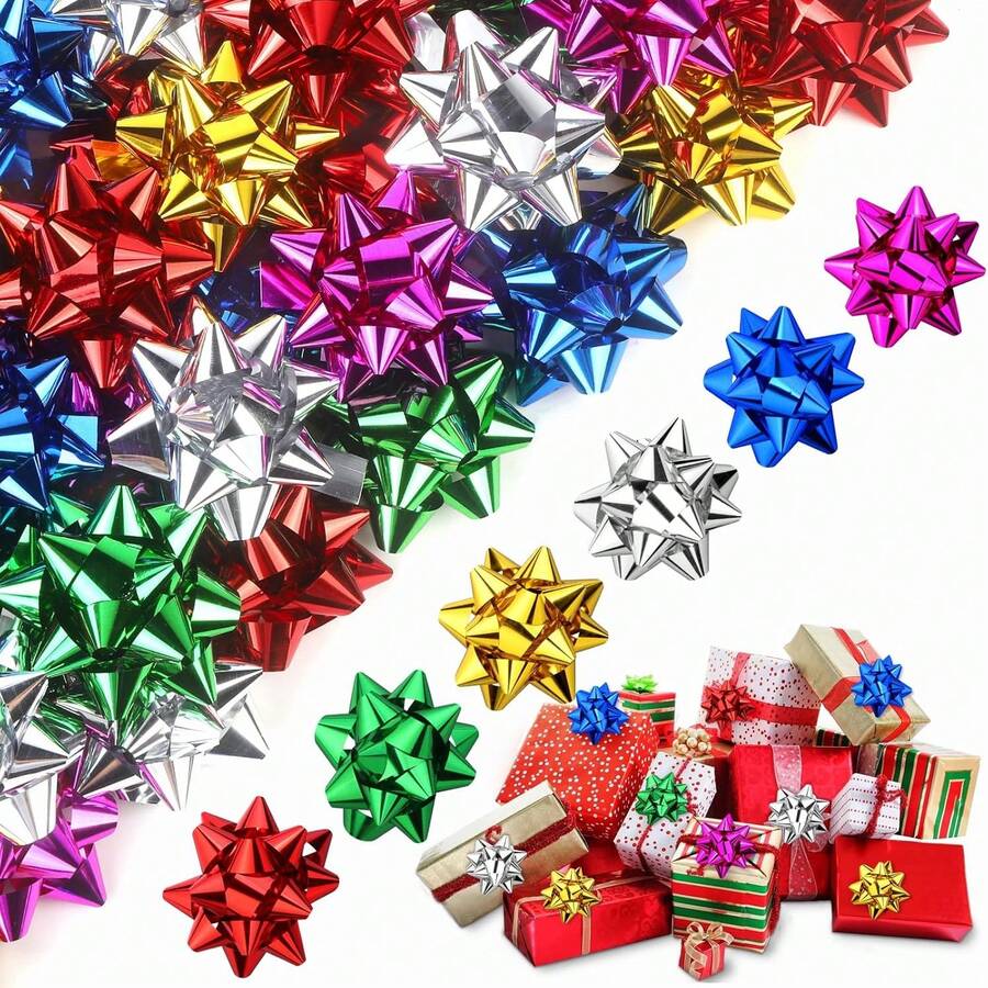 100pcs Mixed Mini Christmas Bows - 1 Inch Self-Adhesive Gift Ribbon, Suitable For Holidays, Parties, Weddings And More - Durable Plastic Star Bows For Holiday Decorations - Multicolor - View 1