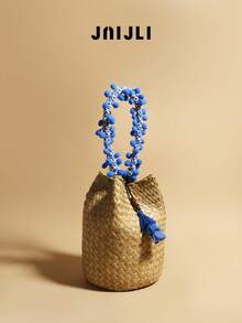 Woven Straw Bucket Bag Women Boho Crossbody Purse Pom Pom Handle Tassel Decor Beach Handbag Casual Summer Travel Shoulder Bag Retro Rattan Bucket Bag Cute Fringe Accent Sling Bag Fashion Vacation Woven Purse Lightweight Daily Use Handbag Popular Bohemian Style Bucket Bag Must-Have Summer Accessory Rattan Crossbody Bag Stylish Beach Purse Woven Tassel Bag Bohemian Bucket Purse - Dark Blue - Xem 4