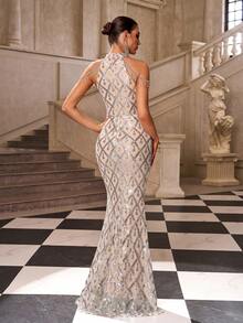 Women's Halter Neck Sequin Patchwork Bodycon Maxi Dress - Silver - View 2