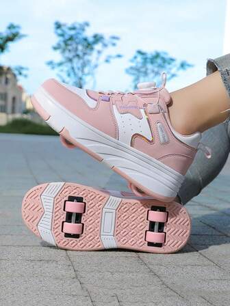 Girls' Four-Wheel Roller Skate Shoes, New Kids' Roller Sports Shoes, All-Season PU Leather Lightweight Durable Roller Skates, Fashionable Rotating Buckle Adjustable Double Wheel Hidden Roller Shoes, Wheels Can Be Freely Detached, 2-In-1 Roller Skating & Ice Skating Shoes, Roller Sneakers For Teens