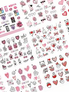 12 Designs/Sheet Cartoon Pink Heart Nail Stickers Valentine's Day Design Pink Red Gradient Hollow Sweet Love Heart Lock Cloud English Letter Lips Dessert Coffee Water Transfer Slider DIY Date Wedding Holiday Romantic Fashion Salon Manicure Decoration Nail Supplies For Women And Girls Gift