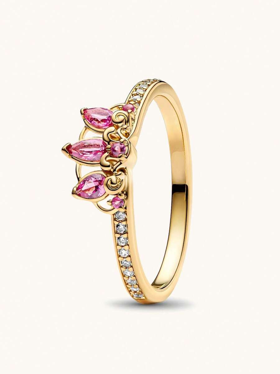 1 Pc Gold Ring Jewelry, Pink Gemstone Crown Design Style, Luxurious And Generous Ring, Suitable For Ladies' Weddings, Banquets, And Girls' Daily Life Decoration Gifts - 金黃色 - 查看 1