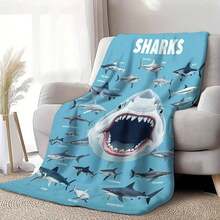 1pc Ultra-Soft Flannel Shark Diversity Chart Throw Blanket – Vintage Style, Light Blue With Realistic Shark Illustrations, Home, Office, Or Travel – Cozy All-Season Comfor - Multicolor - View 1