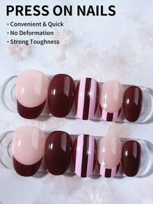 24片椭圆形条纹星星美甲贴纸，法式亚克力按压式美甲，酒红色短款美甲，完美贴合人造指甲套装，包含：1片果冻胶和1把指甲锉。棕色短款美甲让您的指尖闪耀动人，适合派对、跳舞和日常佩戴。美甲用品 - 查看 2