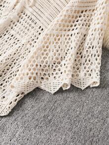 French Vacation Style Hollow Crochet Knit Cardigan For Women, Flare Sleeves With Tie, Spring/Summer New Casual Commuting Wear - Apricot - View 5