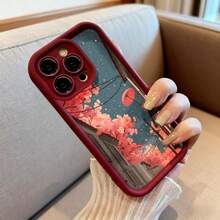 Cubierta de teléfono con borde protector color gris oscuro con estampado de cerezos en flor y paraguas rojo bajo lluvia escena urbana japonesa para uso diario y viajes - Burdeos - Ver 6