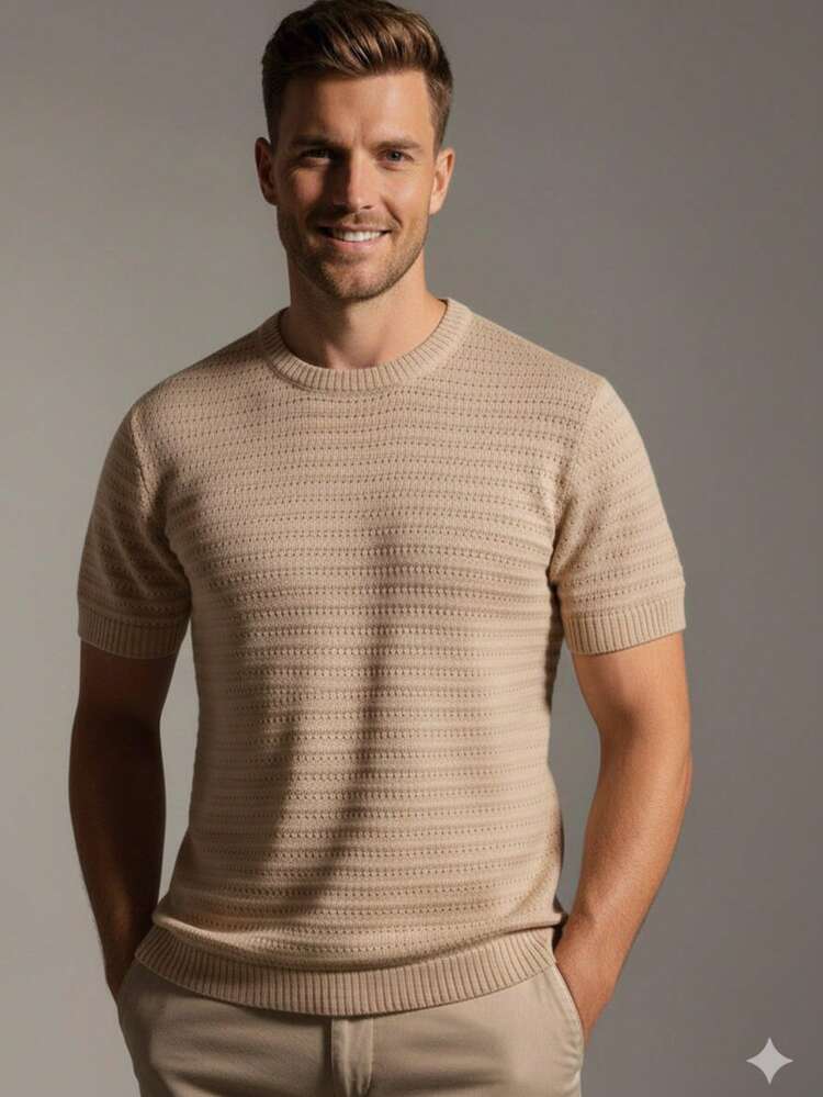 Camiseta tricot masculino manga curta texturizado gola redonda qualidade premium primavera verão 26  Men's Rib-Knit Short Sleeve Round Neck T-Shirt Regular Fit High Stretch Comfortable Casual Top - Bege - Visão 4