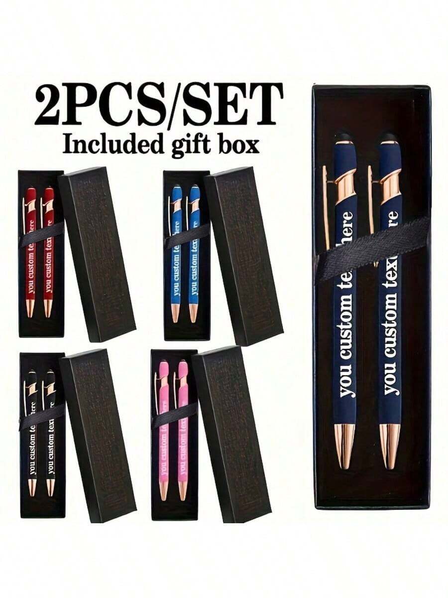 2pcs Customizable Engraved Logo/Name Multi-Function Classic Stylus Ballpoint Pen Set, Retractable, Comes With Elegant Gift Box, Black Ink Pen With Metal Accents, Suitable For Engagement, Wedding, Bridal Shower, Christmas, Valentine's Day Gifts For Her, Office Supplies, Support Company Customization [Custom Text] - Sets - View 1