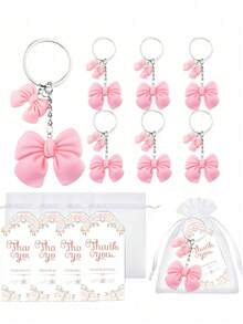 24/12/3pcs Bow Party Keychain Set, Including Bow Keychain, Thank You Labels And Organza Bags, Suitable For Bridal Shower, Bridesmaid Gifts, Table Gifts And Celebration Decorations And Accessories, Bag Accessories, Gift Accessories, Key Charms, Ideal Gifts For Friends And Famil/Y - Multicolor - View 1