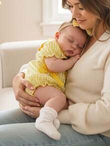 Baby Girl Easter Outfits Set , Chick Embroidery Short Sleeve Romper with Headband  Newborn Spring Photo Dress - Amarillo - Ver 9