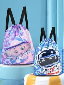 1pc Cartoon Print Waterproof Wet & Dry Separation Backpack, Swimming Storage Bag, Beach Drawstring Toiletry Pouch - Purple - View 2