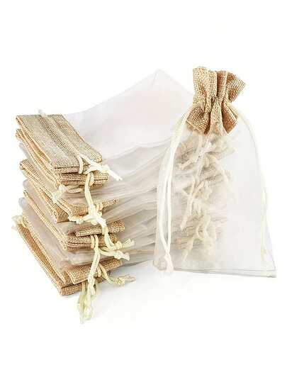 10pcs Elegant Gauze Bags, Fabric And Linen Patchwork Gift Bags, Organza Drawstring Gift Bags, 3.9X5.9 Inches Transparent Mesh Bags, Suitable For Jewelry, Candies, Party Small Gifts - Perfect For Weddings, Festivals, Cosmetics Storage, Small Gift Bags, Event And Party Supplies Gift Packaging Bags