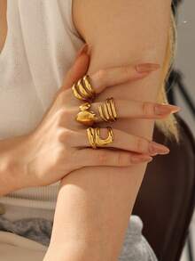 4pcs Stainless Steel Gold-Tone Multi-Layer Asymmetrical Open Ring Set, Suitable For Women's Daily Decoration Or Gift - Yellow Gold - View 1